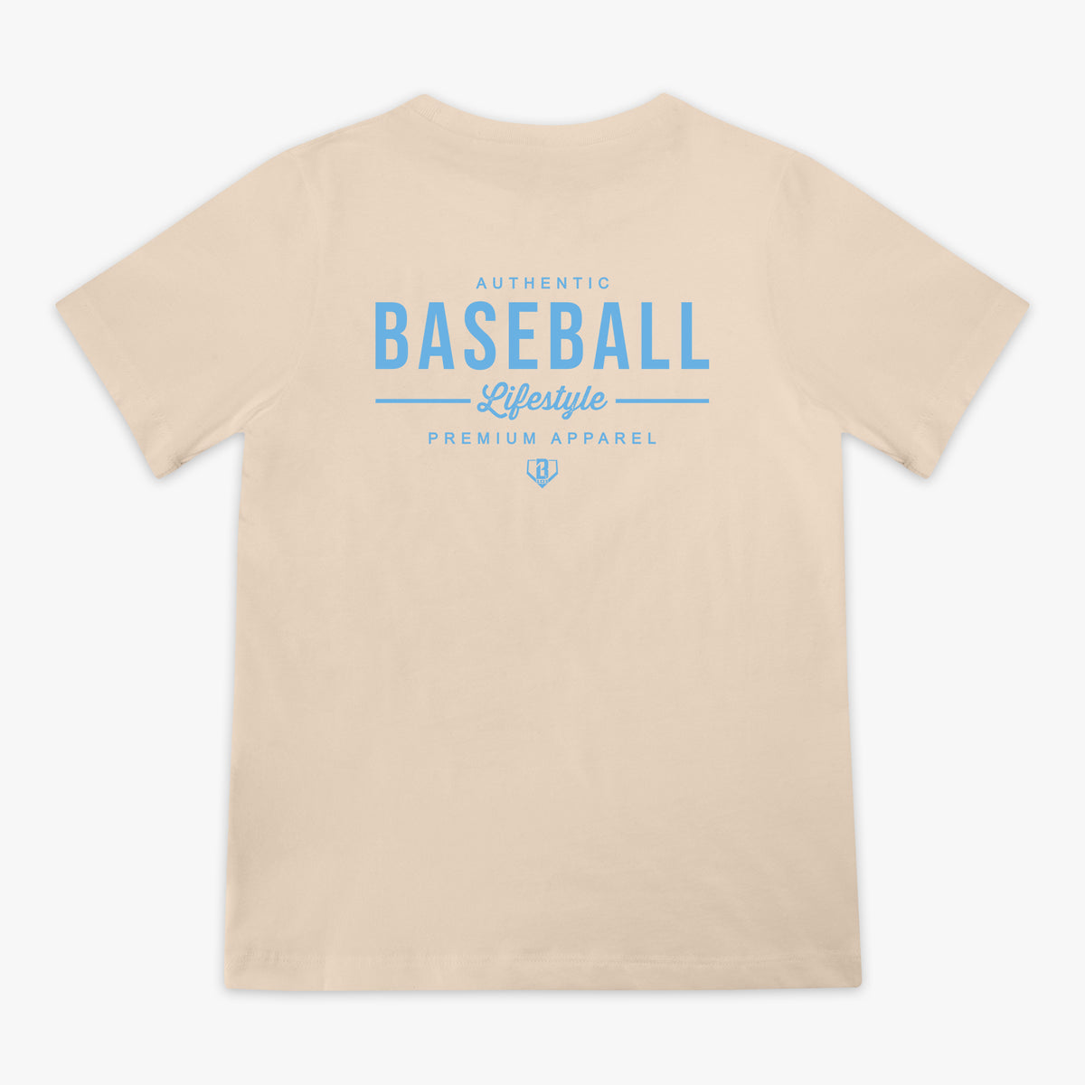 Beige t-shirt with blue text on the back on a white background