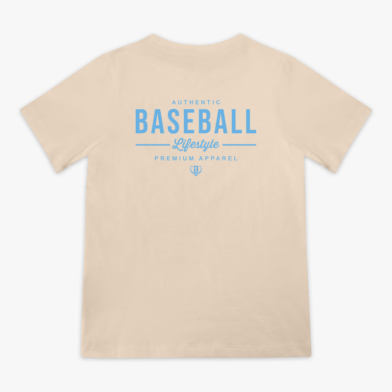 Beige t-shirt with blue text on the back on a white background