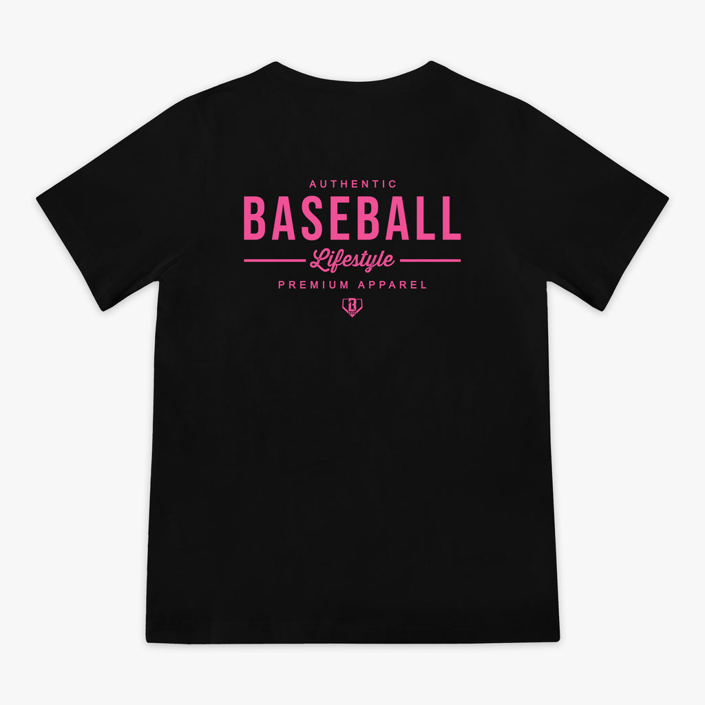 Black t-shirt with pink 'Baseball Lifestyle' logo in center