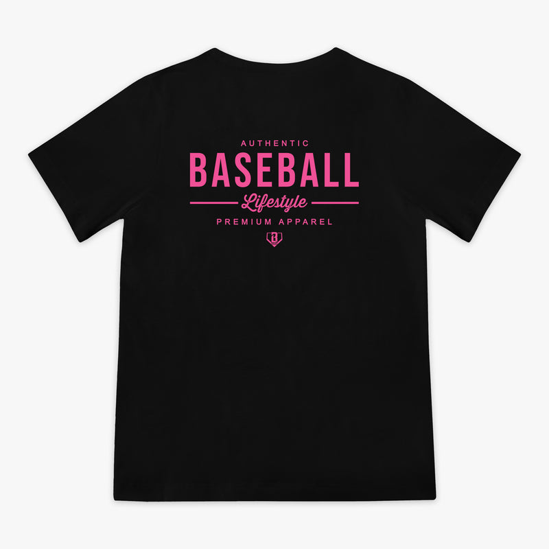Black t-shirt with pink 'Baseball Lifestyle' logo in center