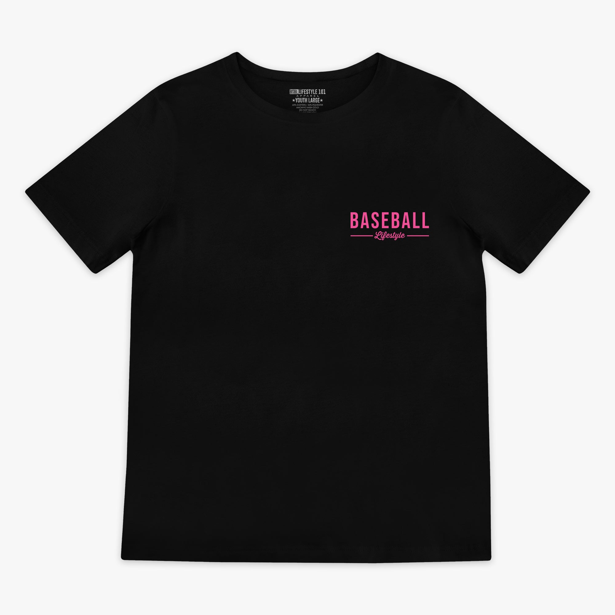 Black t-shirt with pink 'BASEBALL LIFESTYLE' text in top corner