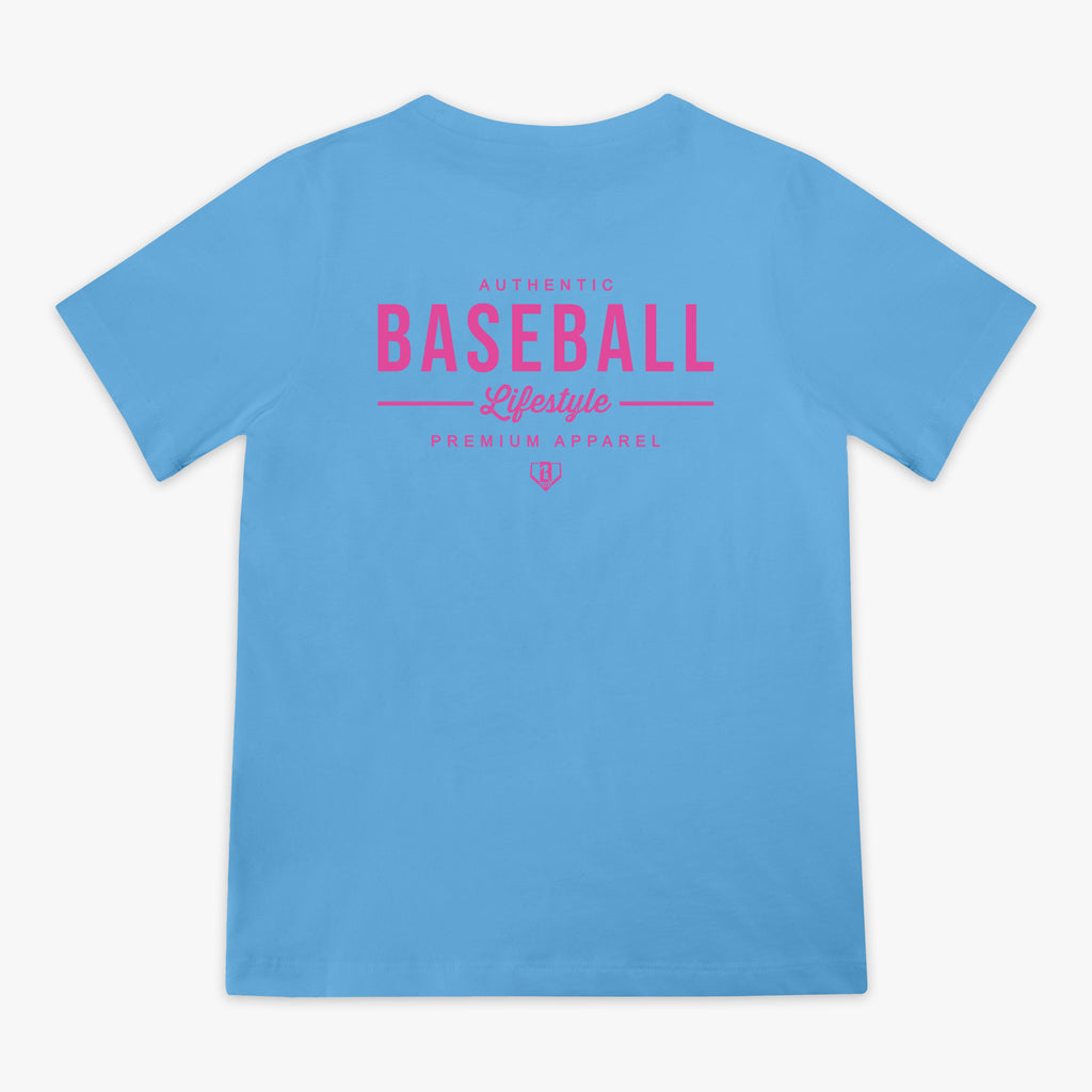 Blue t-shirt with pink 'Authentic Baseball Lifestyle' text on back