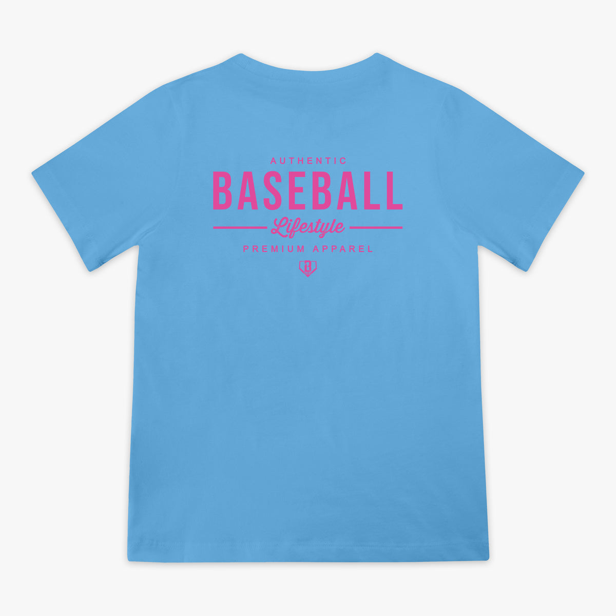 Blue t-shirt with pink 'Authentic Baseball Lifestyle' text on back