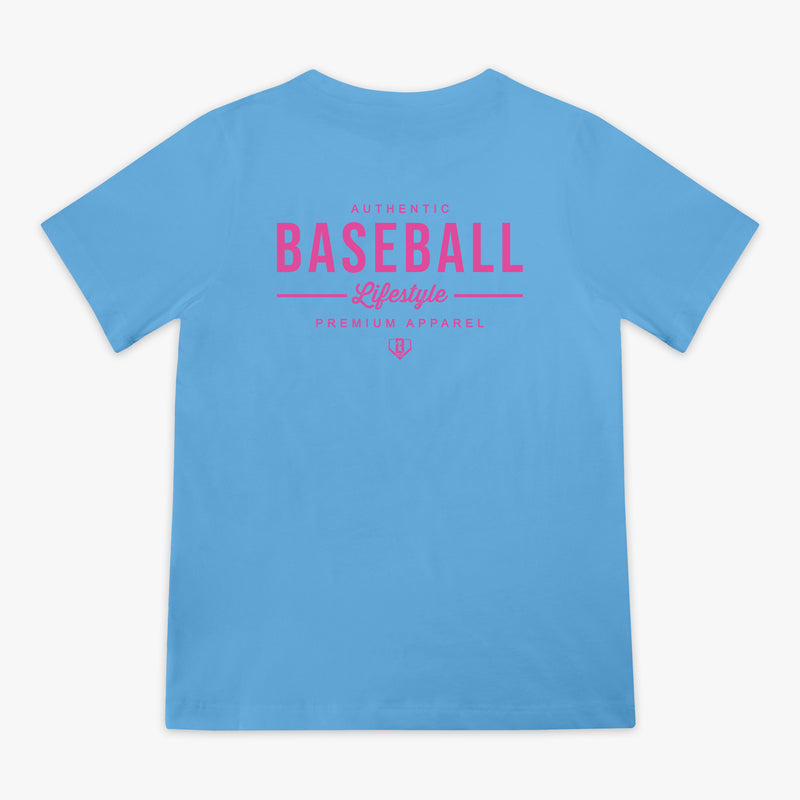 Blue t-shirt with pink 'Authentic Baseball Lifestyle' text on back