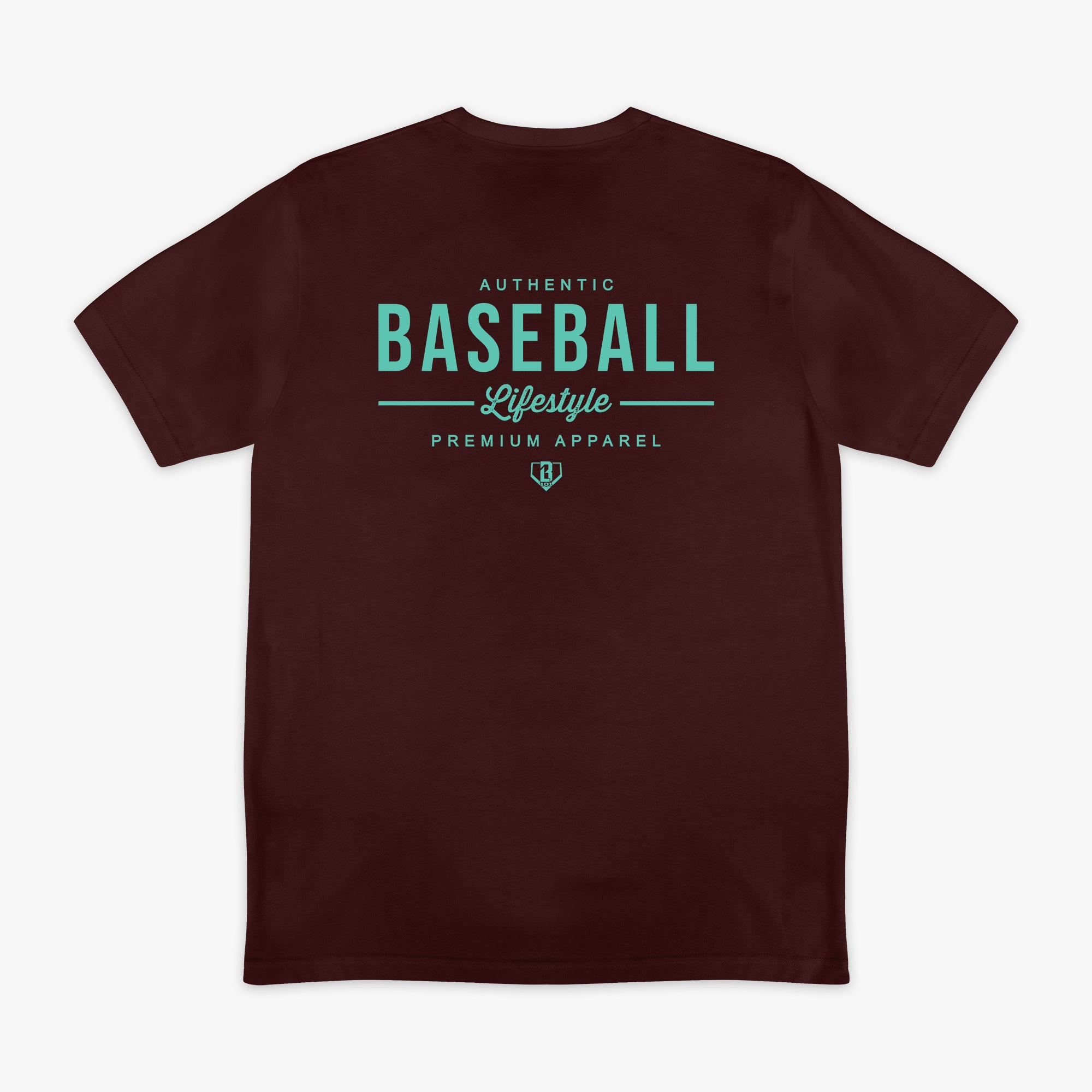Brown shirt with teal baseball lifestyle logo