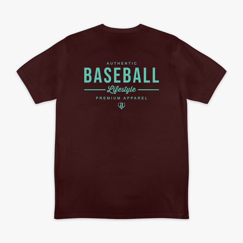 Brown shirt with teal baseball lifestyle logo
