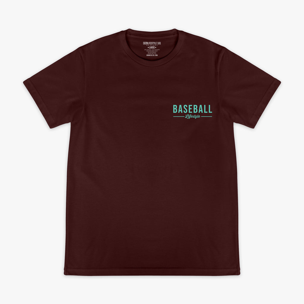 Brown t-shirt with 'BASEBALL LIFESTYLE' text on a white background