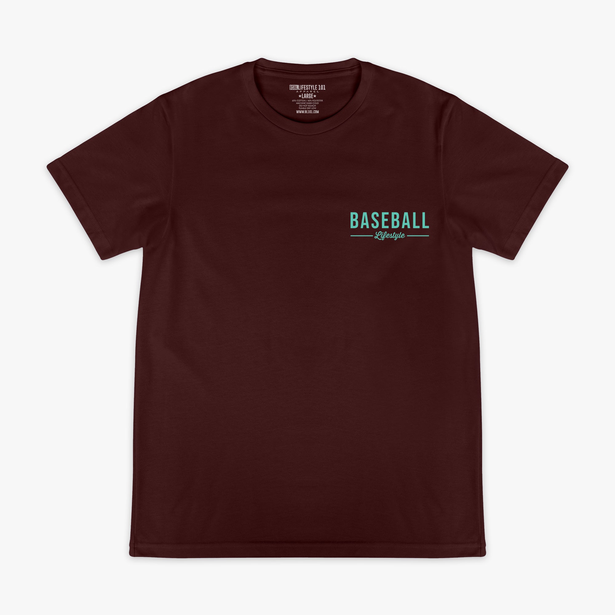 Brown t-shirt with 'BASEBALL LIFESTYLE' text on a white background