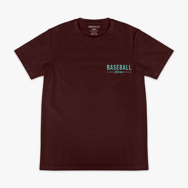 Brown t-shirt with 'BASEBALL LIFESTYLE' text on a white background