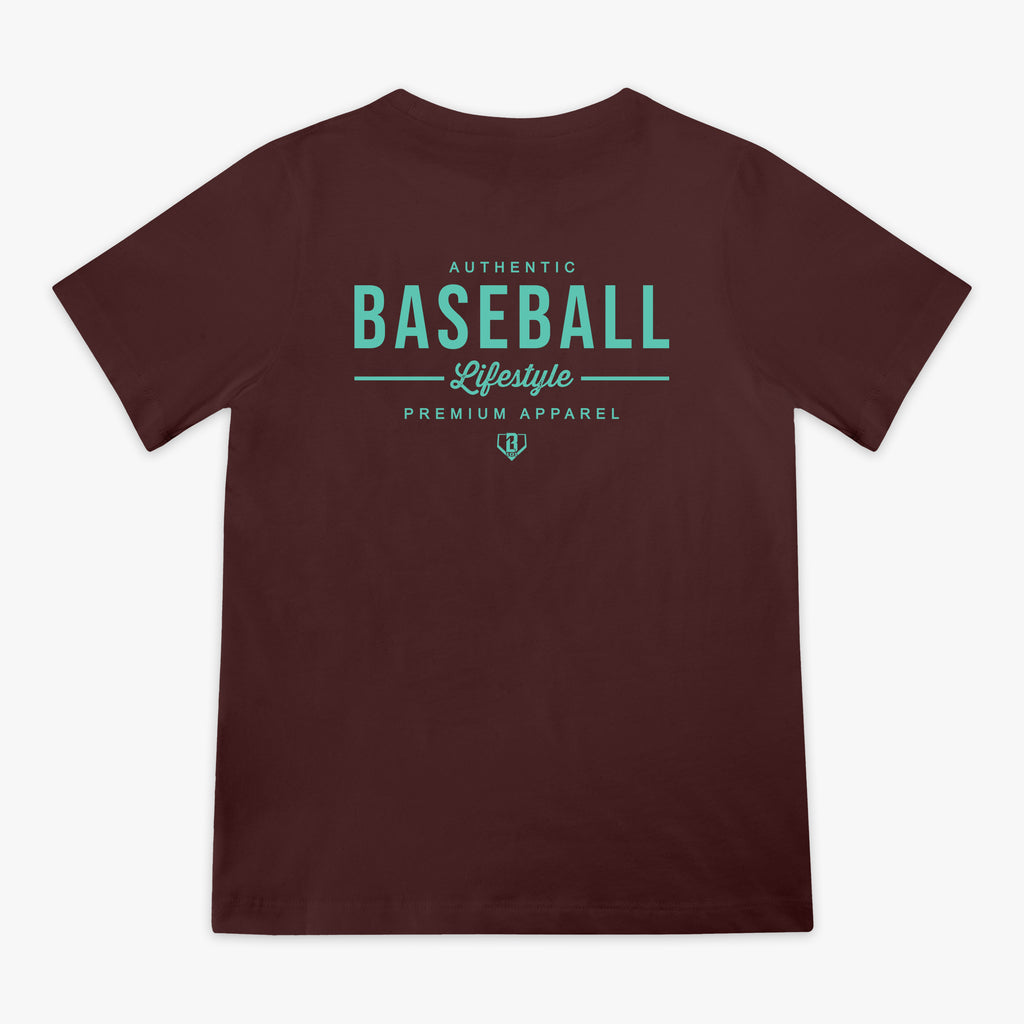 Brown t-shirt with green 'Baseball Lifestyle' text on back