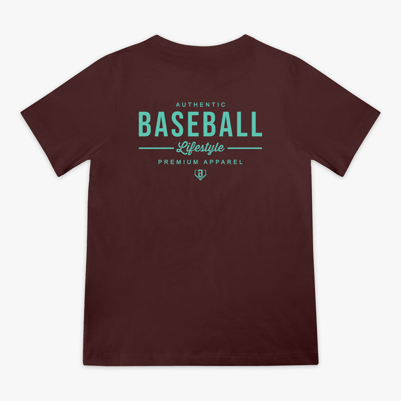 Brown t-shirt with green 'Baseball Lifestyle' text on back