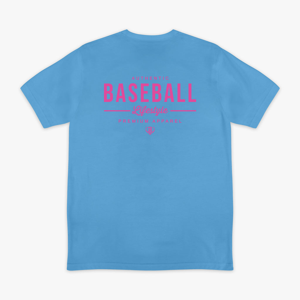 Blue t-shirt with pink 'Baseball Lifestyle' text on a white background