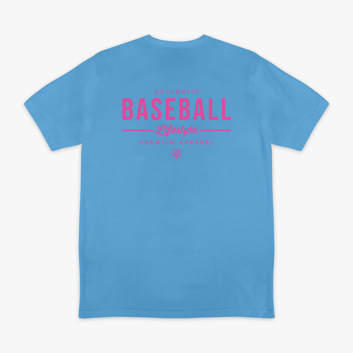Blue t-shirt with pink 'Baseball Lifestyle' text on a white background
