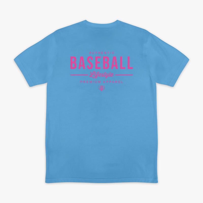 Blue t-shirt with pink 'Baseball Lifestyle' text on a white background