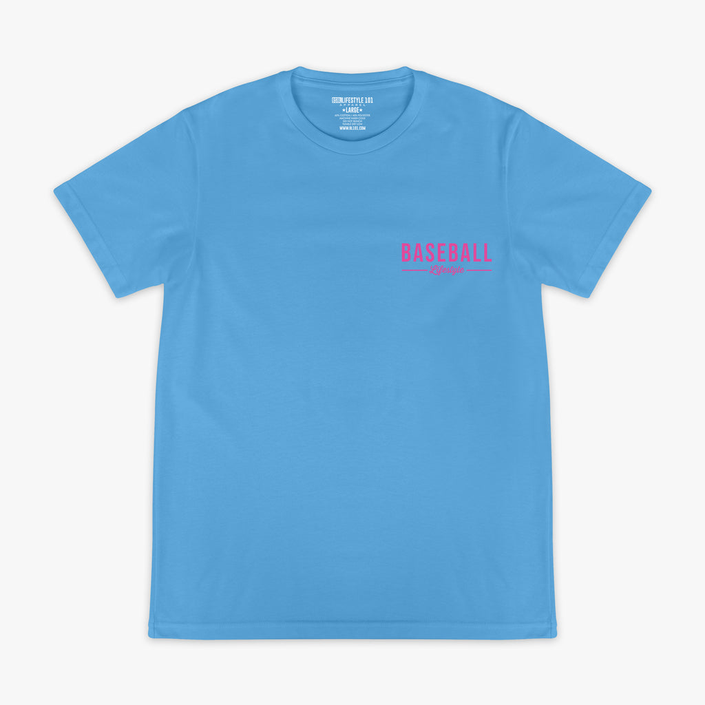 Blue t-shirt with 'BASEBALL Lifestyle' printed in pink in top corner