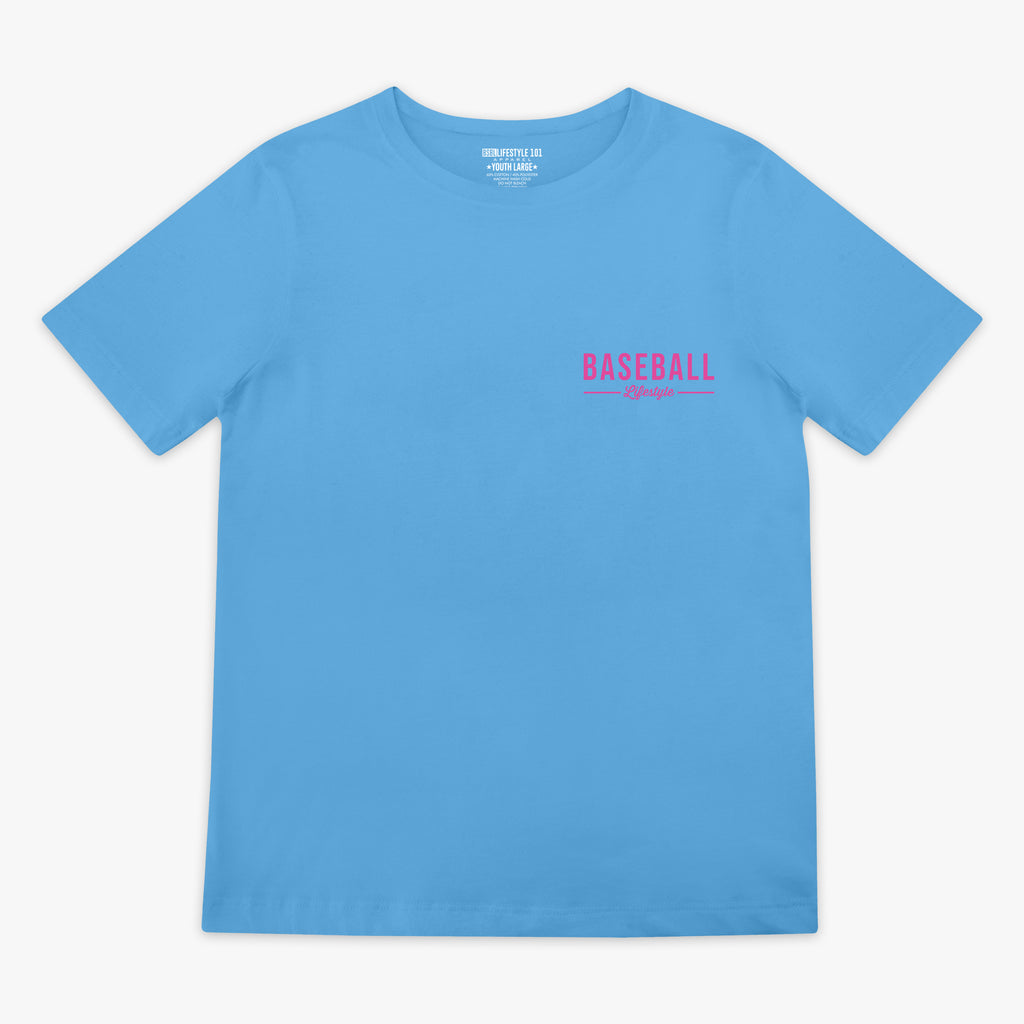 Blue t-shirt with 'BASEBALL Lifestyle' printed in pink in top white corner 