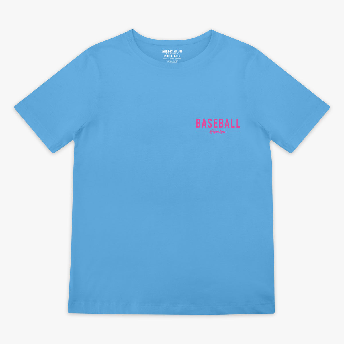 Blue t-shirt with 'BASEBALL Lifestyle' printed in pink in top white corner 