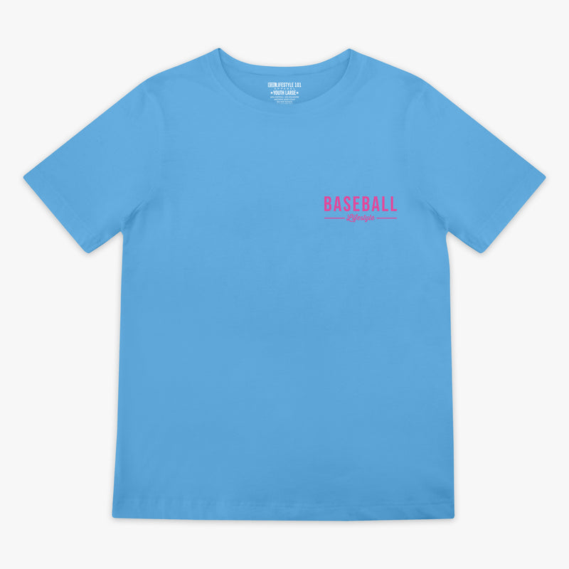 Blue t-shirt with 'BASEBALL Lifestyle' printed in pink in top white corner 