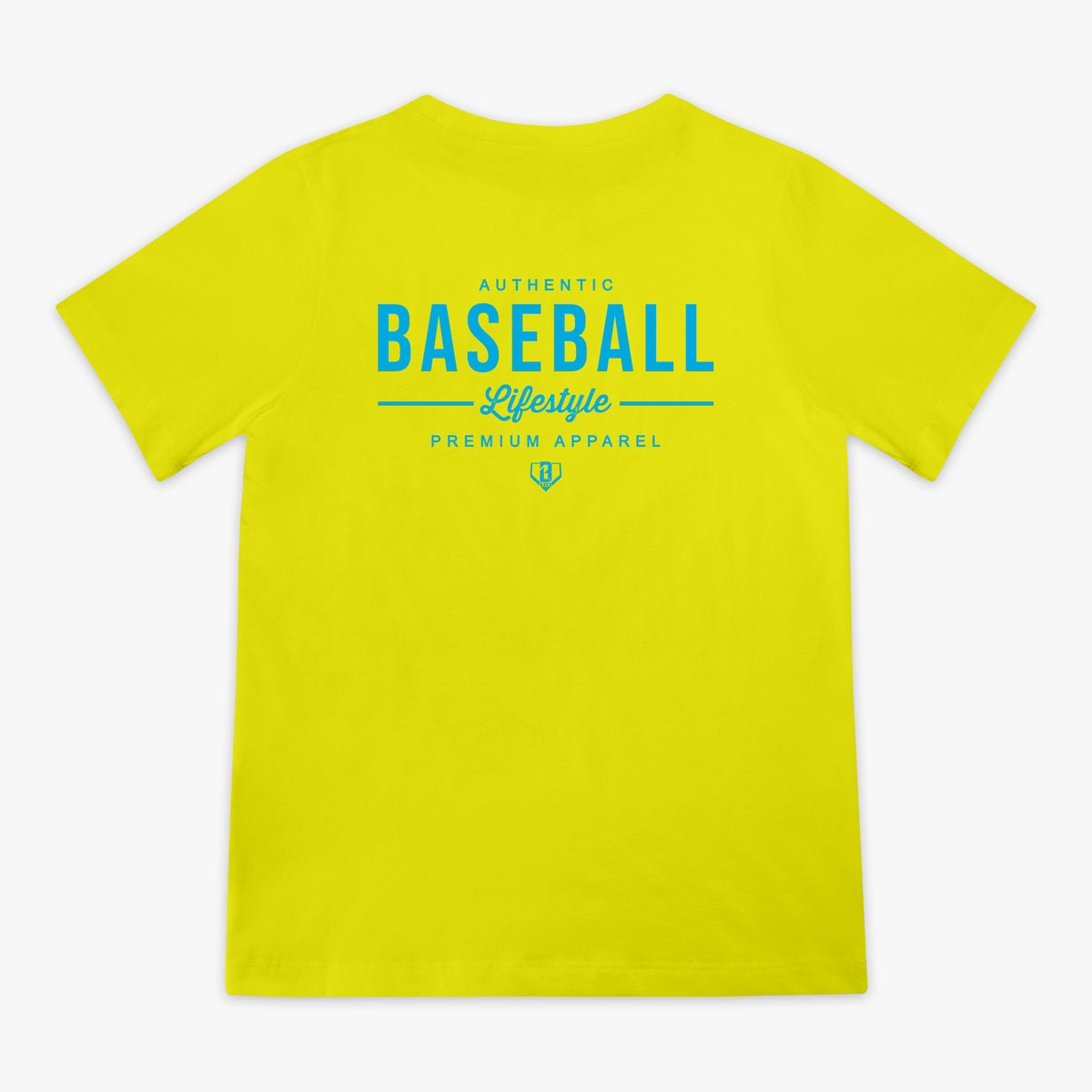 Neon t-shirt with blue baseball lifestyle logo on back