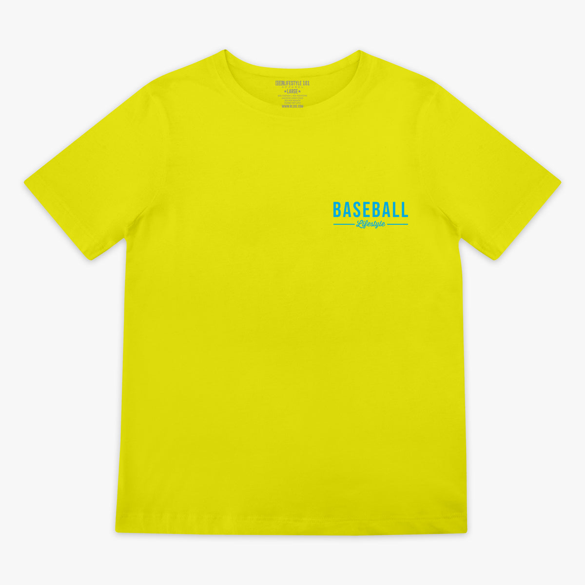Yellow t-shirt with 'BASEBALL' text on a white background