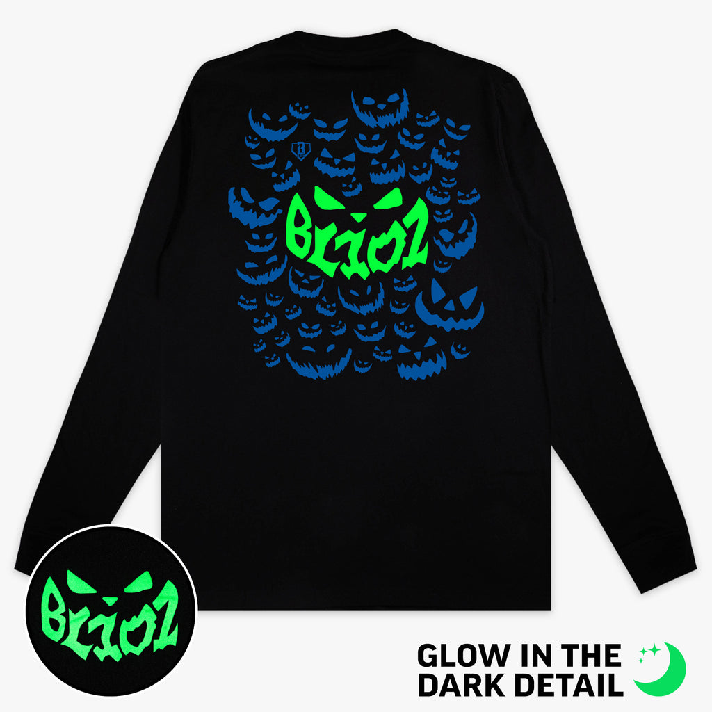 Black long sleeve tee with glow-in-the-dark "Jack O' Lantern Team" detail