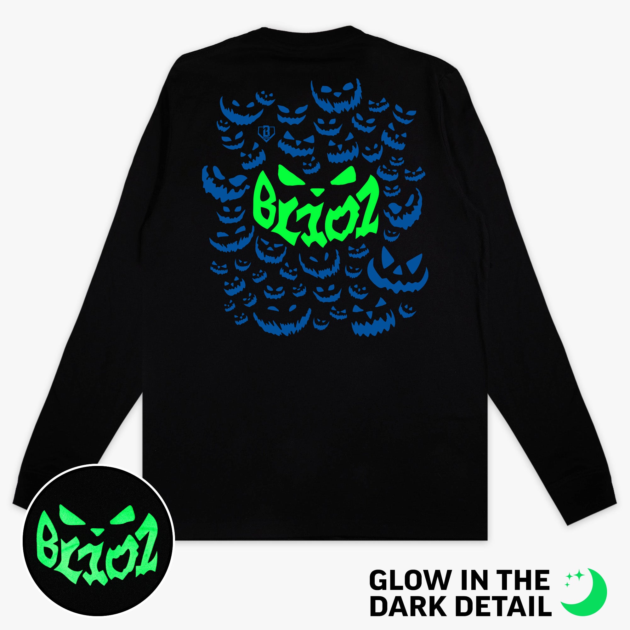 Black long sleeve tee with glow-in-the-dark "Jack O' Lantern Team" detail