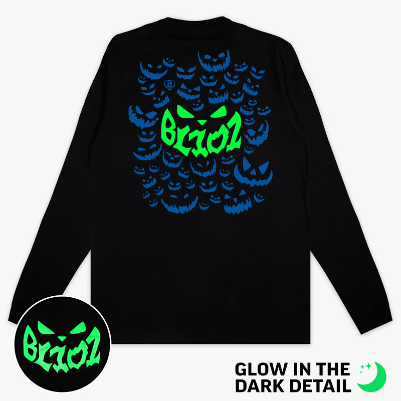 Black long sleeve tee with glow-in-the-dark "Jack O' Lantern Team" detail