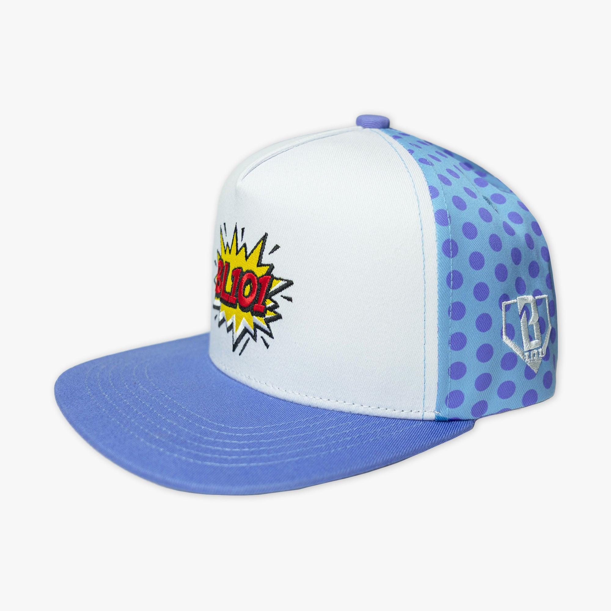 Blue hat with "BL101 Comic" design — product view