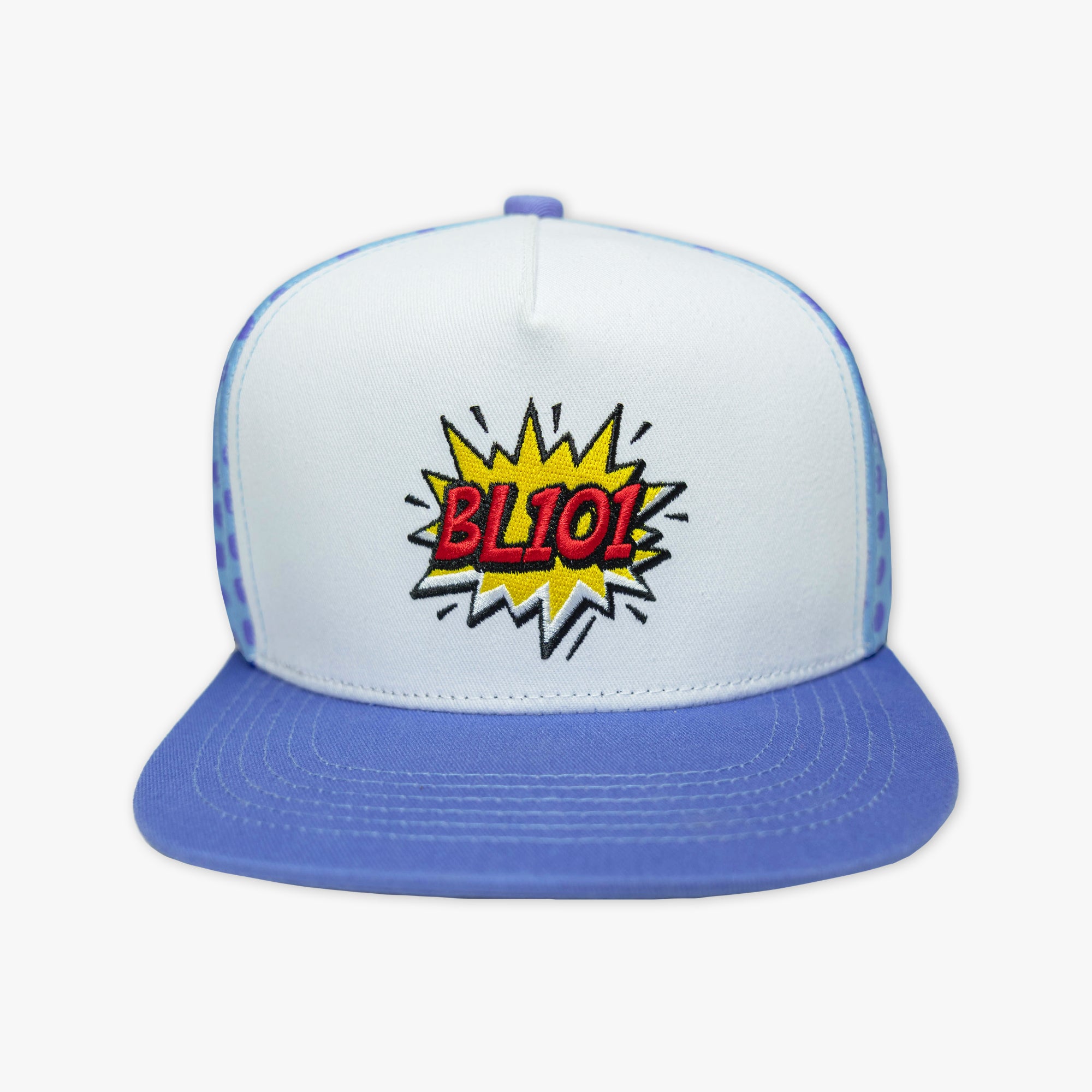 Blue hat with "BL101 Comic" design — product view