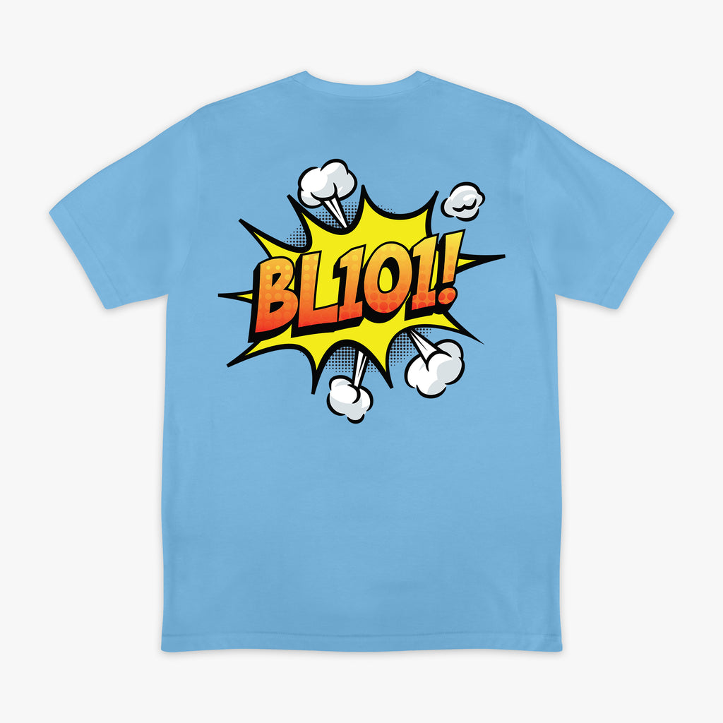 Blue graphic tee with "BL101 Comic" design — back view