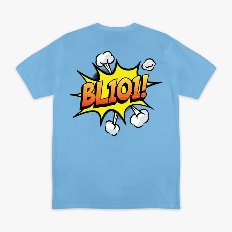 Blue graphic tee with "BL101 Comic" design — back view