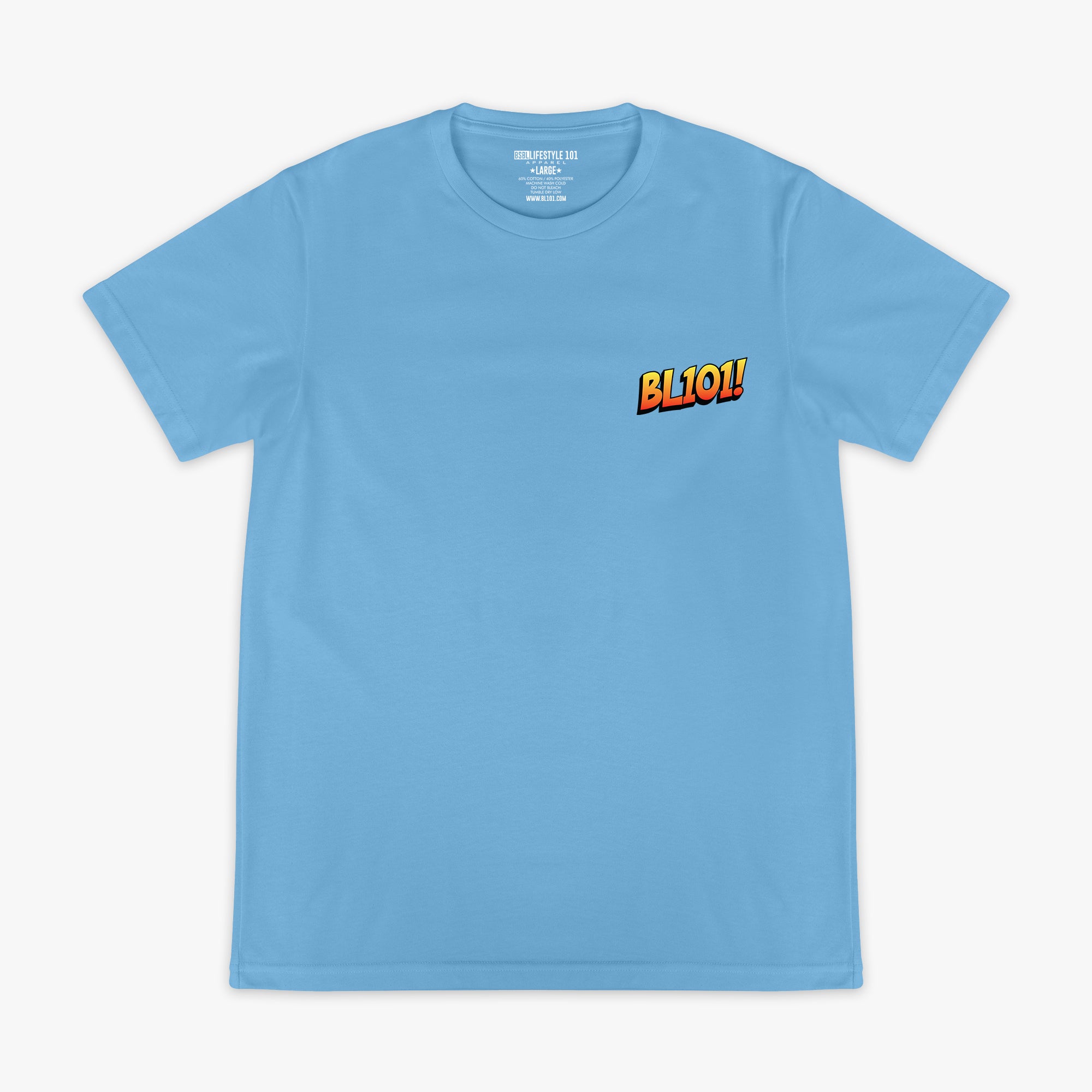 Blue graphic tee with "BL101 Comic" design — front view
