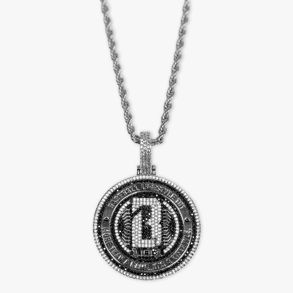 White Gold BL101 Medallion necklace on white background