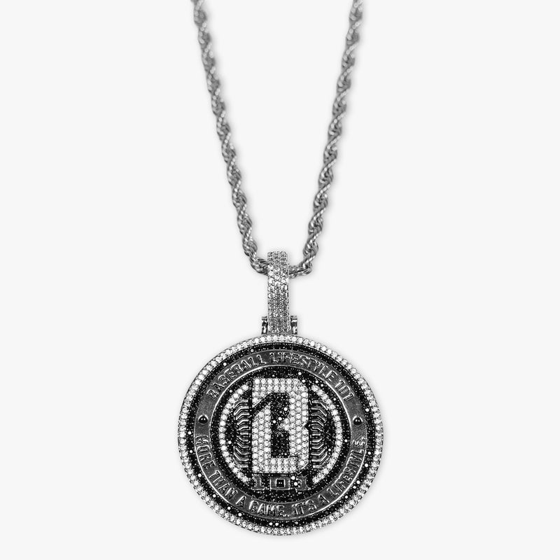 White Gold BL101 Medallion necklace on white background
