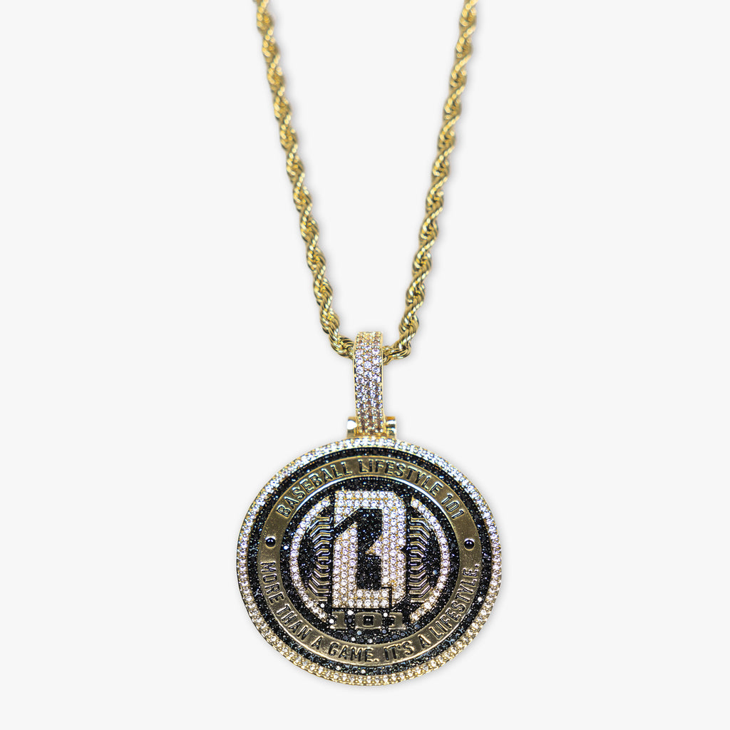 Yellow Gold BL101 Medallion necklace on white background