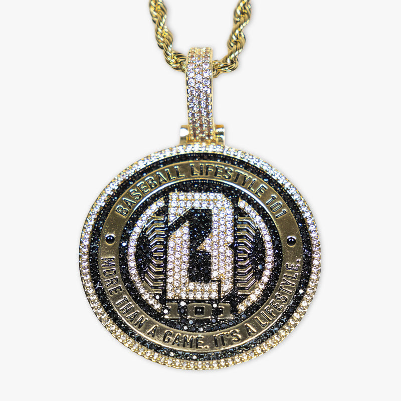 Yellow Gold BL101 Medallion necklace on white background