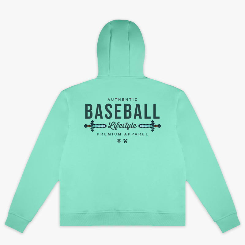 Teal youth hoodie with "BL101 X Minecraft Diamond Sword Authentic" design — back view