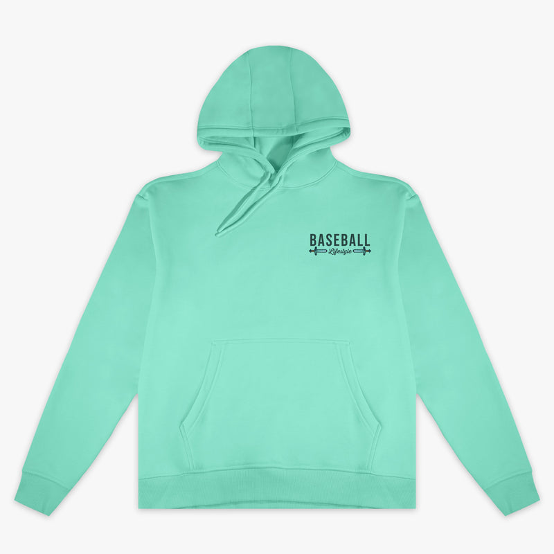 Teal hoodie with "BL101 X Minecraft Diamond Sword Authentic" design — front view