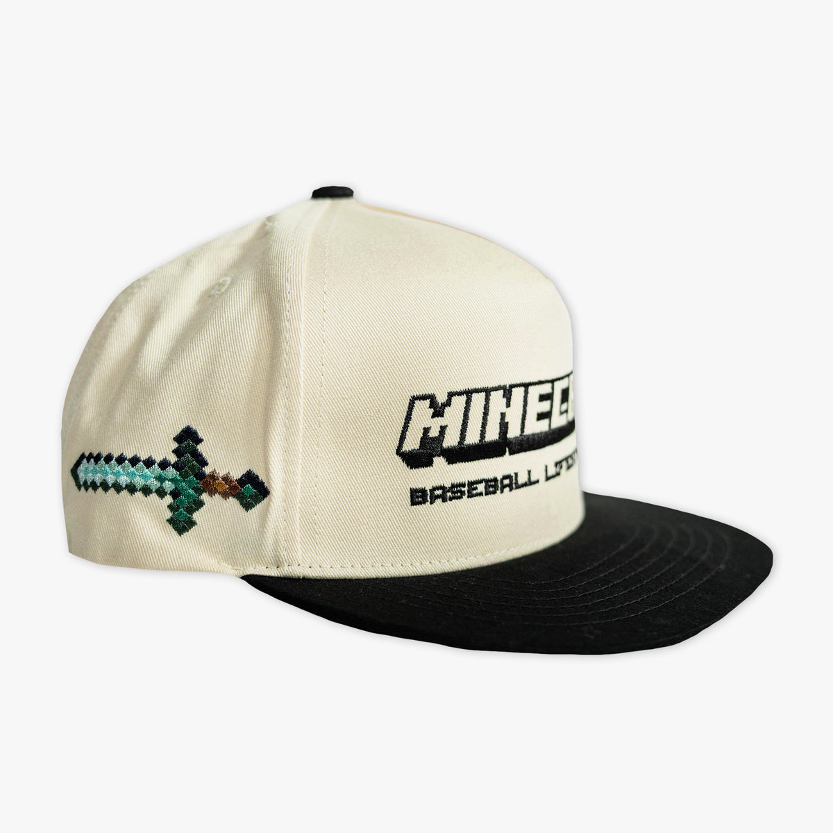 Adult model wearing black and white hat with "BL101 x Minecraft Sword" design
