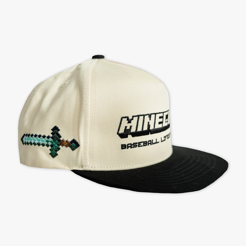 Adult model wearing black and white hat with "BL101 x Minecraft Sword" design