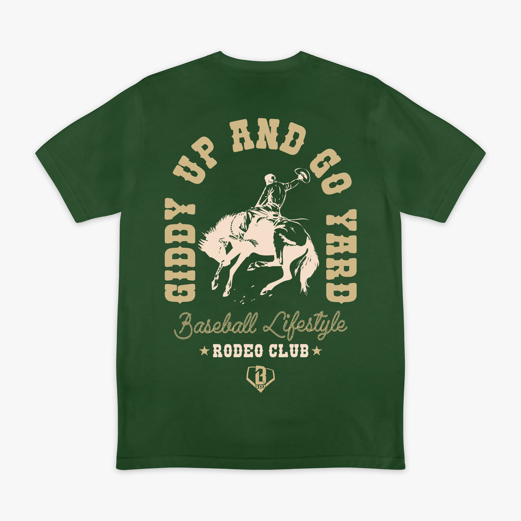 Green t-shirt with a man on a horse graphic design and 'Giddy Up and Go Yard' text on the back