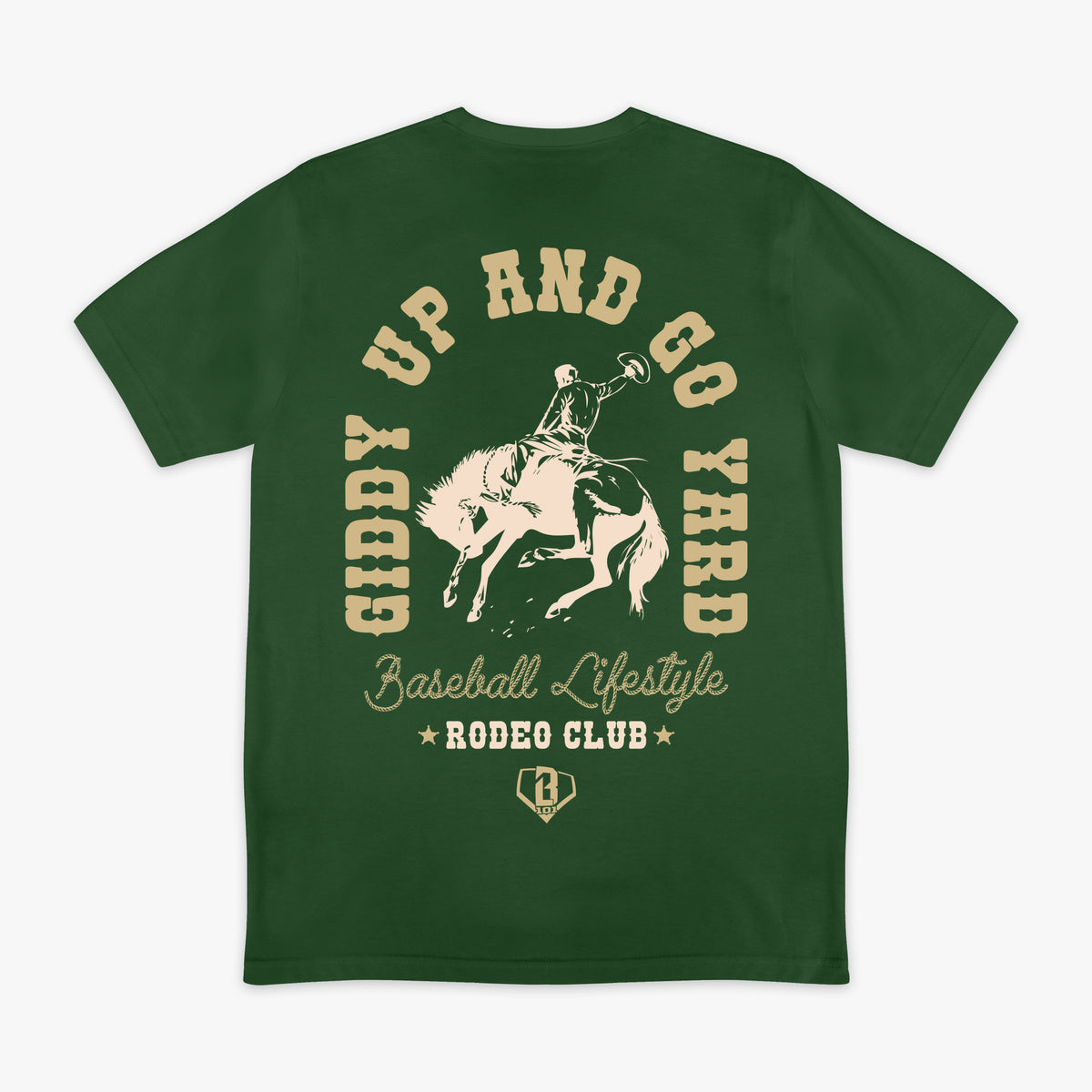 Green t-shirt with a man on a horse graphic design and 'Giddy Up and Go Yard' text on the back