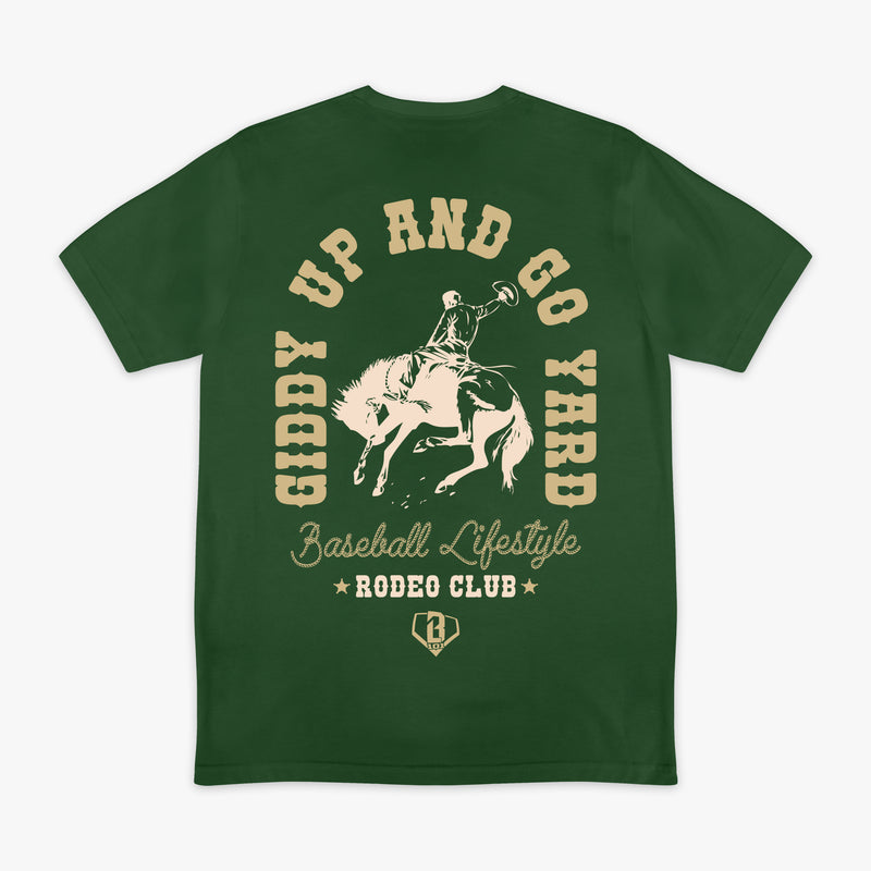 Green t-shirt with a man on a horse graphic design and 'Giddy Up and Go Yard' text on the back