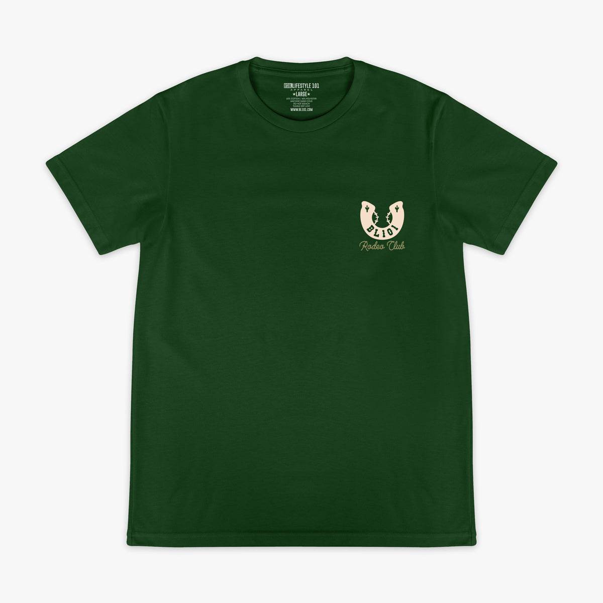 Green t-shirt with a horseshoe design and BL101 text on the chest against a white background