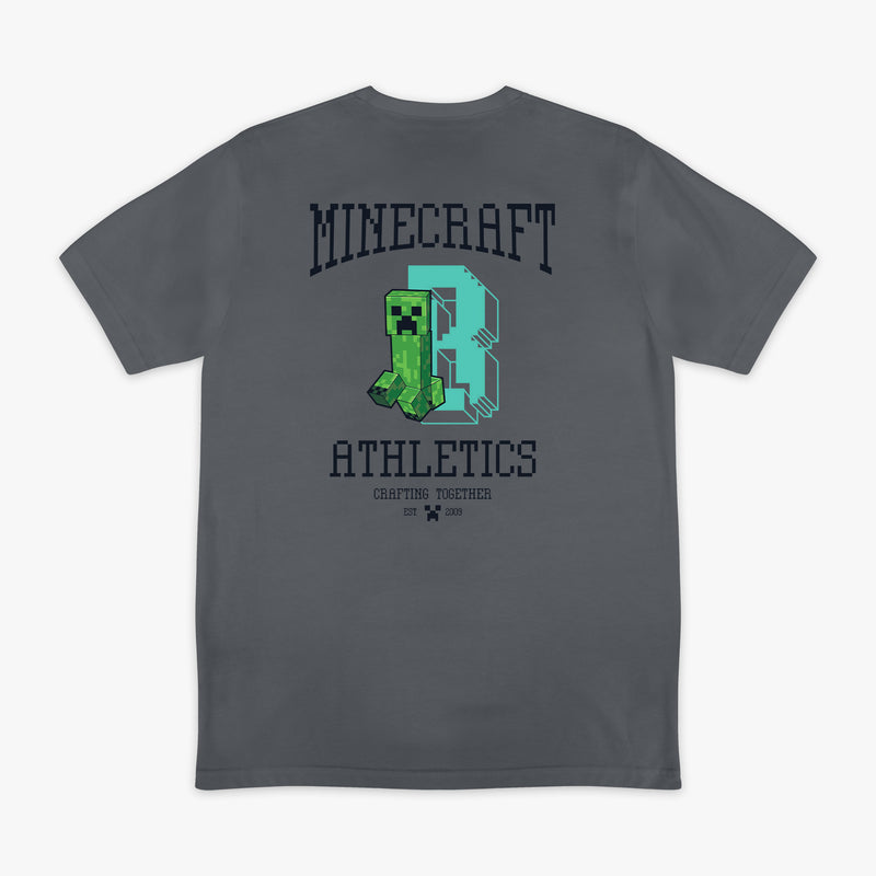Gray graphic tee with "BL101 X Minecraft Athletics" design — back view