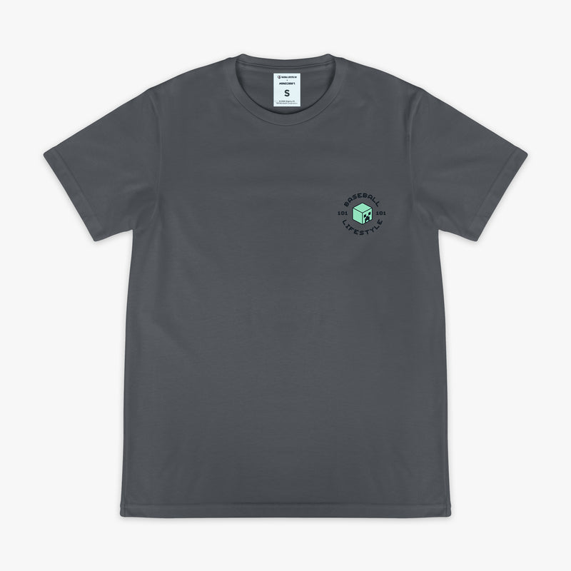 Gray graphic tee with "BL101 X Minecraft Athletics" design — front view