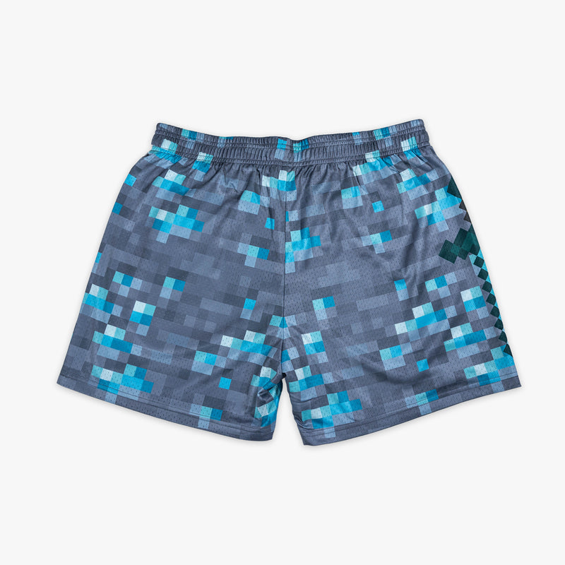 Gray shorts with "BL101 X Minecraft Diamond Mining" design — back view