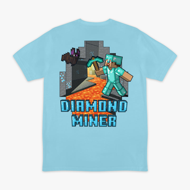 Blue graphic tee with "BL101 X Minecraft Diamond Mining" design — back view