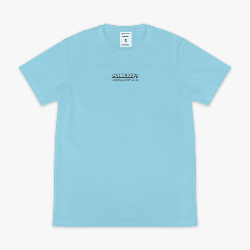 Blue graphic tee with "BL101 X Minecraft Diamond Mining" design — front view