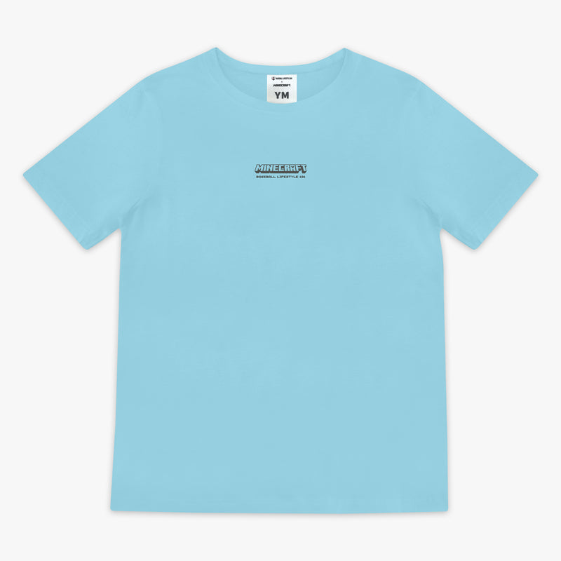 Blue youth graphic tee with "BL101 X Minecraft Diamond Mining" design — front view